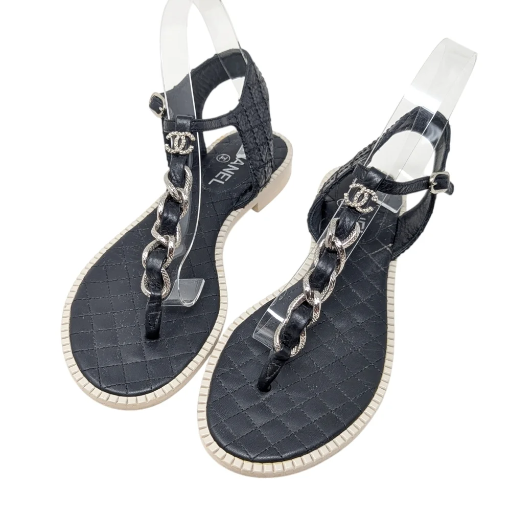 Chanel Black T-Strap CC Silver Chain Quilted Sandals Size EU 39